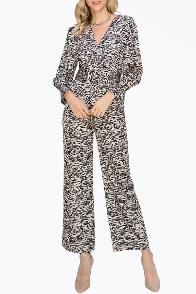 Toni Zebra-Print Belted Wrap-Effect Sateen Jumpsuit - Tan/Black