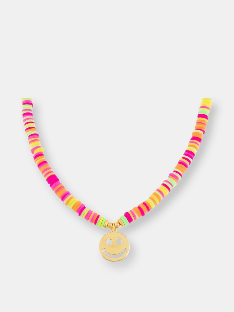Neon Multi Color Bead Smiley Face Necklace - Multi-Color
