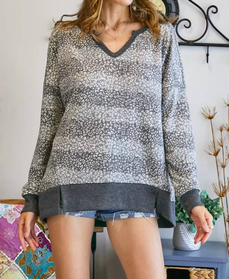 Cheetah V Neck Loose Fit Top Plus In Grey - Grey