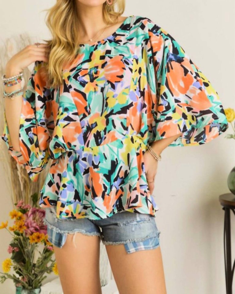 Geometric & Floral Peplum Blouse In Multi - Multi