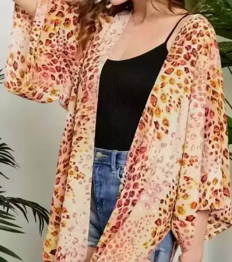 Open Front Leopard Print Kimono Plus - Pink