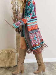 Tribal Pattern Fringe Hem Cardigan In Multi Color