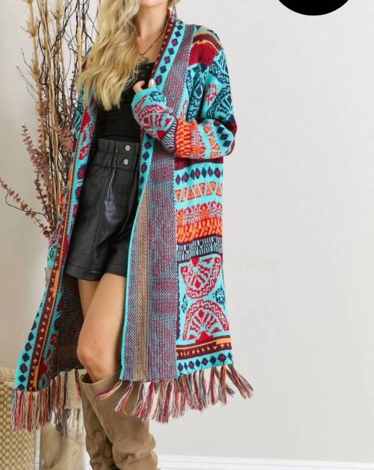 Tribal Pattern Fringe Hem Cardigan In Multi Color