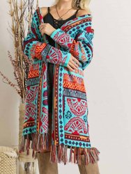 Tribal Pattern Fringe Hem Cardigan In Multi Color - Multi Color