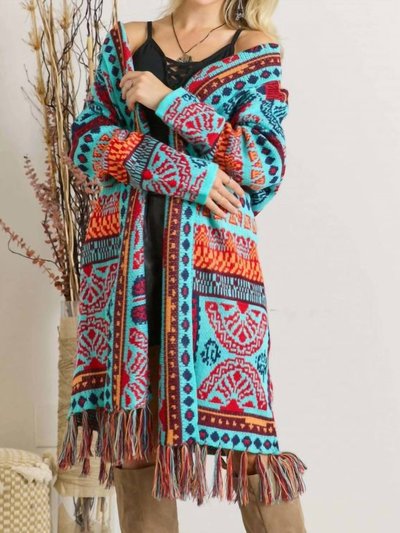 ADORA Tribal Pattern Fringe Hem Cardigan In Multi Color product