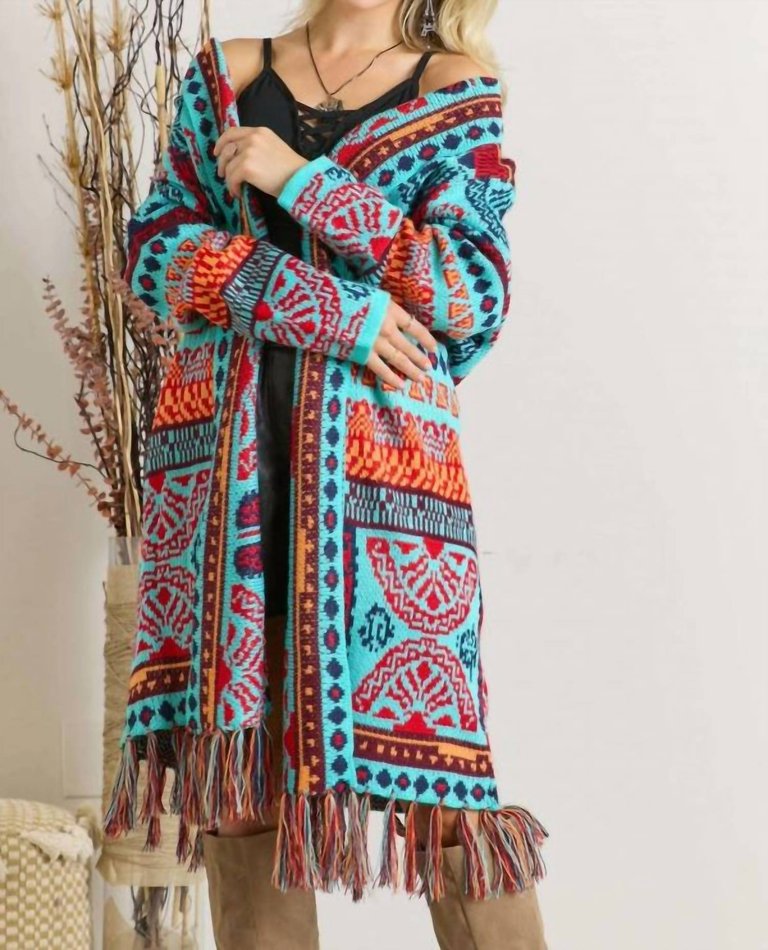 Tribal Pattern Fringe Hem Cardigan In Multi Color - Multi Color