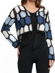 Faux Suede Patchwork Crochet Fringe Jacket - Denim/White