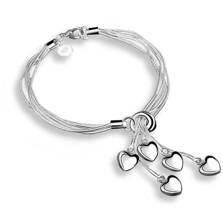 Sterling Silver (925) Snake Chain Heart Bracelet - Silver