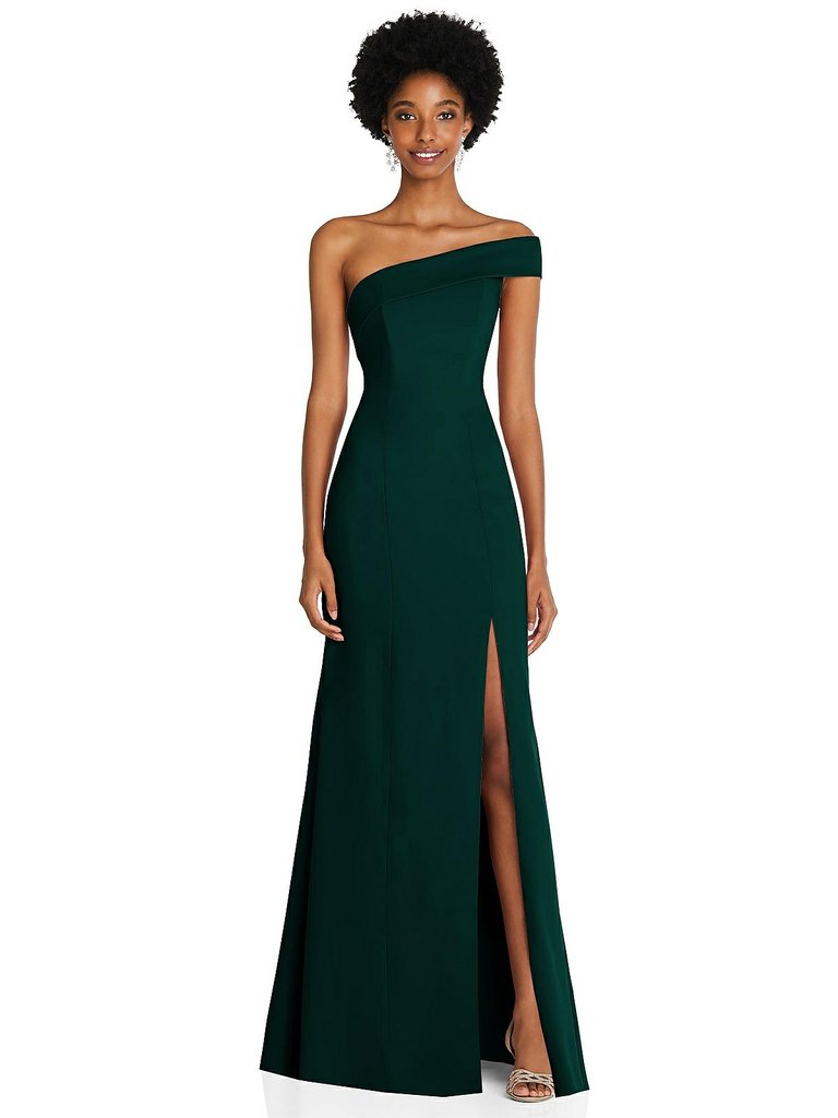 Asymmetrical Off-the-Shoulder Cuff Trumpet Gown With Front Slit - 6858 - Evergreen