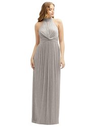 Band Collar Halter Open-Back Metallic Pleated Maxi Dress - 6882 - Metallic Taupe