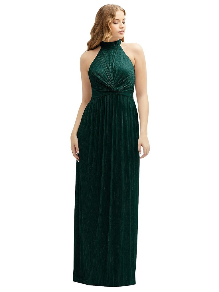 Band Collar Halter Open-Back Metallic Pleated Maxi Dress - 6882 - Metallic Evergreen