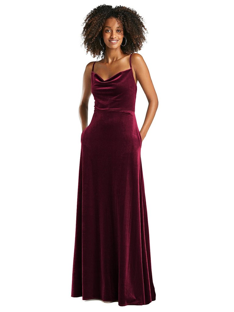 Cowl-Neck Velvet Maxi Dress With Pockets - 1541 - Cabernet