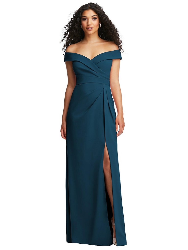 Cuffed Off-The-Shoulder Pleated Faux Wrap Maxi Dress - 6872 - Atlantic Blue