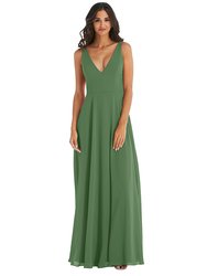 Deep V-Neck Chiffon Maxi Dress - 1549  - Vineyard Green