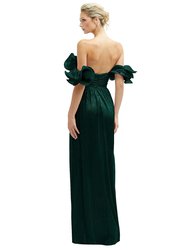 Dramatic Ruffle Edge Convertible Strap Metallic Pleated Maxi Dress - 6883