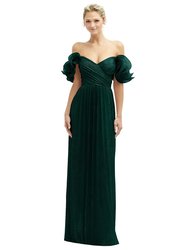 Dramatic Ruffle Edge Convertible Strap Metallic Pleated Maxi Dress - 6883 - Metallic Evergreen