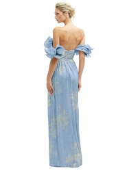 Dramatic Ruffle Edge Convertible Strap Metallic Pleated Maxi Dress With Floral Gold Foil Print - 6883FP