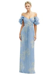 Dramatic Ruffle Edge Convertible Strap Metallic Pleated Maxi Dress With Floral Gold Foil Print - 6883FP - Larkspur Gold Foil