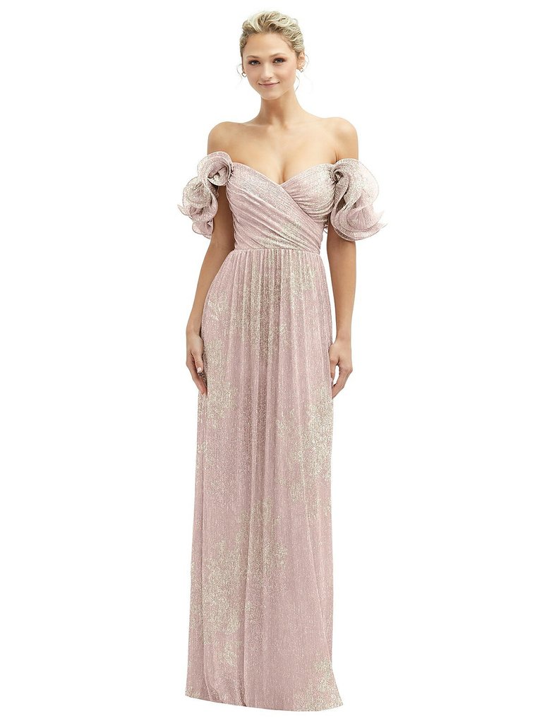 Dramatic Ruffle Edge Convertible Strap Metallic Pleated Maxi Dress With Floral Gold Foil Print - 6883FP - Pink Gold Foil