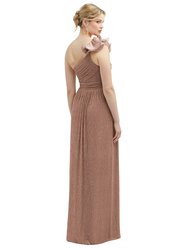 Dramatic Ruffle Edge One-Shoulder Metallic Pleated Maxi Dress - 6884