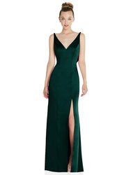 Draped Cowl-Back Princess Line Dress With Front Slit - 6856 - Evergreen