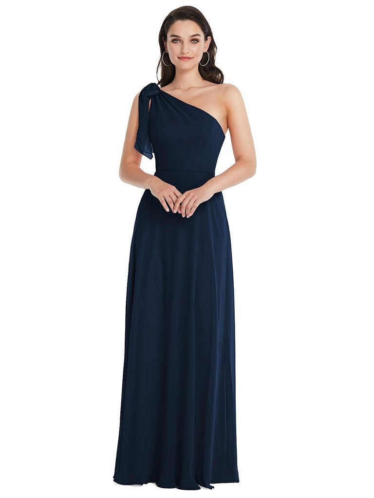 Draped One-Shoulder Maxi Dress With Scarf Bow - 1561  - Midnight Navy