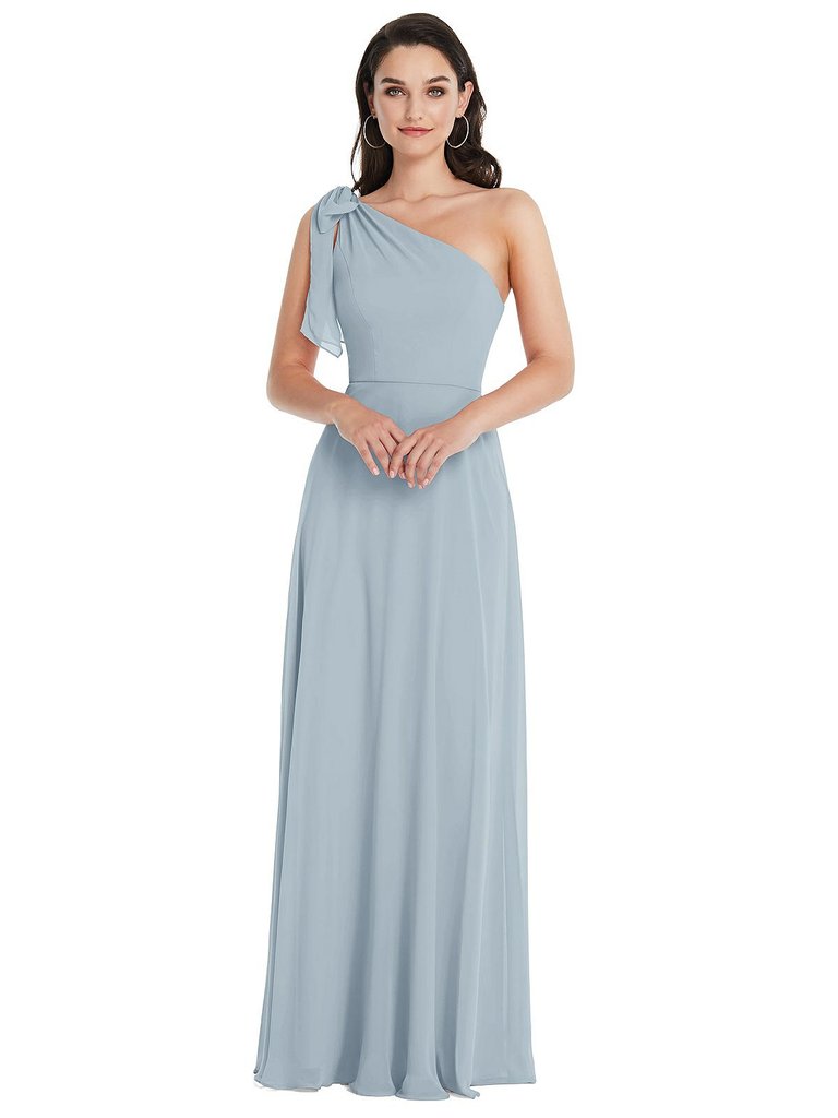 Draped One-Shoulder Maxi Dress With Scarf Bow - 1561  - Mist