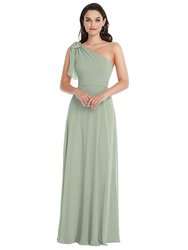Draped One-Shoulder Maxi Dress With Scarf Bow - 1561  - Willow Green