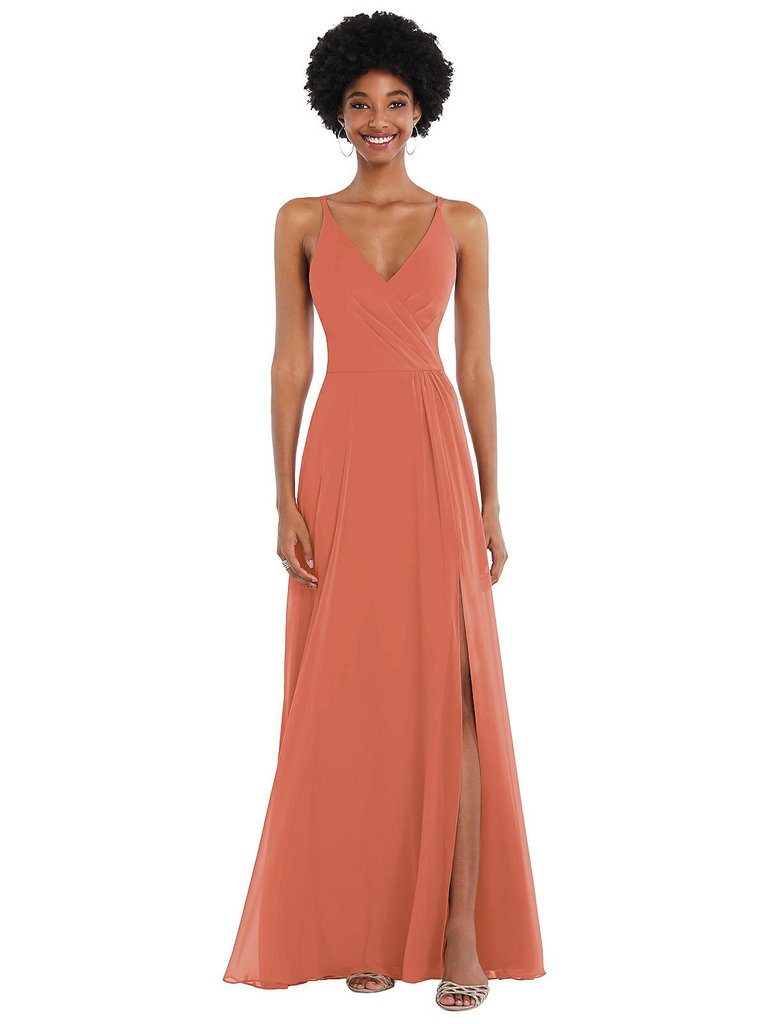 Faux Wrap Criss Cross Back Maxi Dress With Adjustable Straps - 1557  - Terracotta Copper