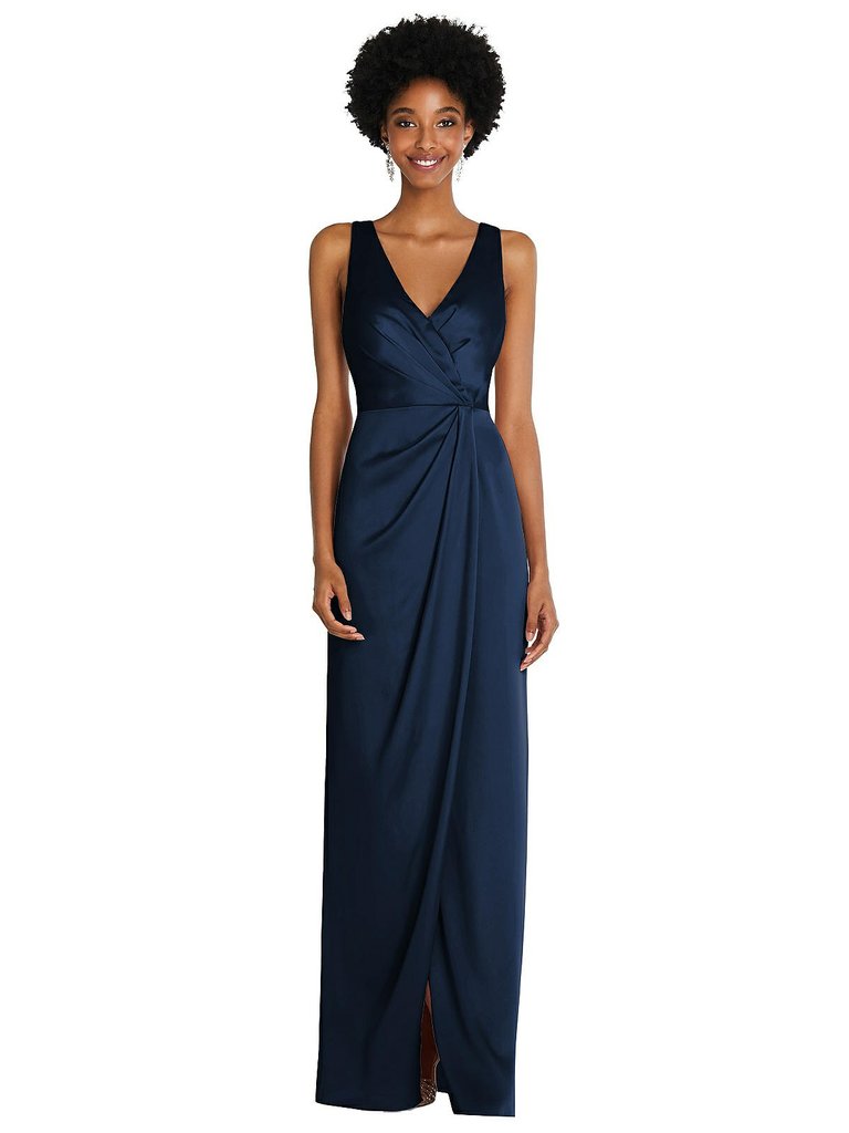 Faux Wrap Whisper Satin Maxi Dress With Draped Tulip Skirt - 6864 - Midnight Navy