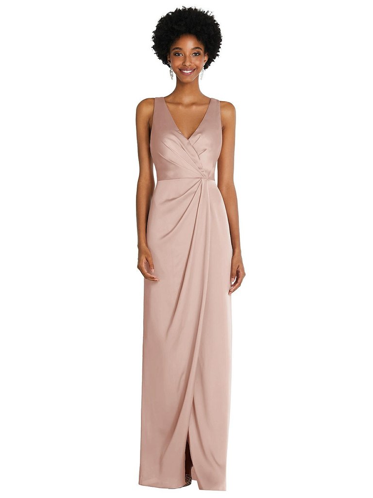 Faux Wrap Whisper Satin Maxi Dress With Draped Tulip Skirt - 6864 - Toasted Sugar