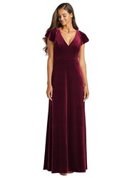 Flutter Sleeve Velvet Maxi Dress With Pockets - 1540 - Cabernet