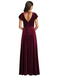 Flutter Sleeve Velvet Maxi Dress With Pockets - 1540