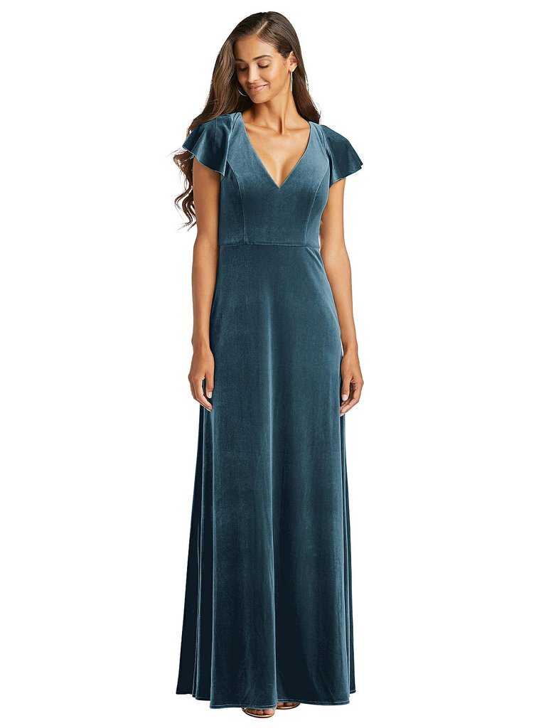 Flutter Sleeve Velvet Maxi Dress With Pockets - 1540 - Dutch Blue