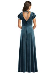 Flutter Sleeve Velvet Maxi Dress With Pockets - 1540