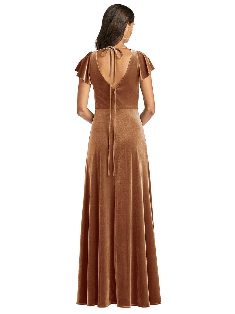 Flutter Sleeve Velvet Maxi Dress With Pockets - 1540