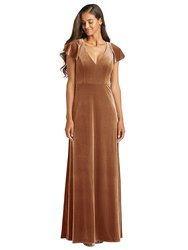 Flutter Sleeve Velvet Maxi Dress With Pockets - 1540 - Golden Almond