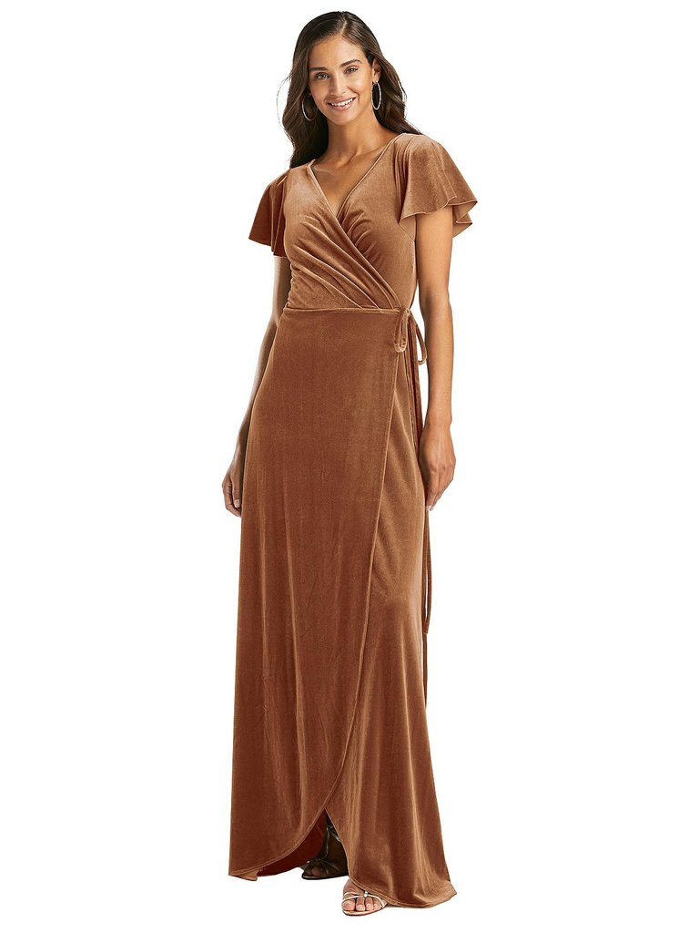 Flutter Sleeve Velvet Wrap Maxi Dress With Pockets - 1538 - Golden Almond