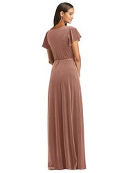 Flutter Sleeve Velvet Wrap Maxi Dress With Pockets - 1538