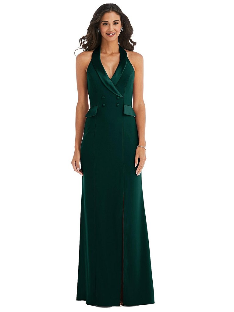 Halter Tuxedo Maxi Dress With Front Slit - 6842 - Evergreen