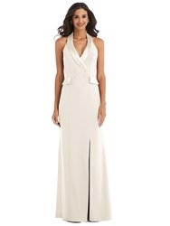 Halter Tuxedo Maxi Dress With Front Slit - 6842 - Ivory