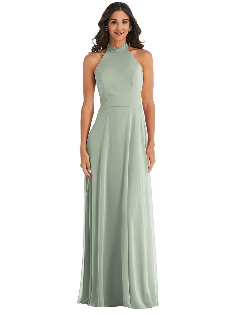 High Neck Halter Backless Maxi Dress - 1545 - Willow Green