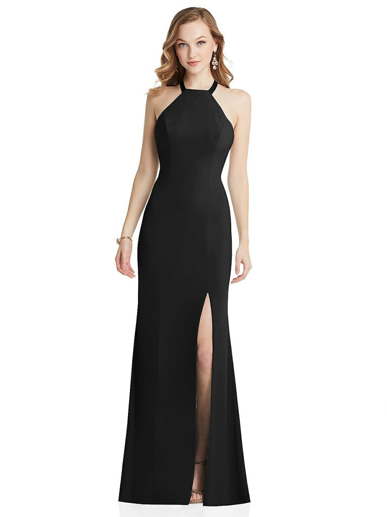 High-Neck Halter Dress With Twist Criss Cross Back  - 6848 - Black