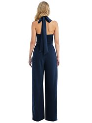 High-Neck Open-Back Jumpsuit with Scarf Tie - 6835 
