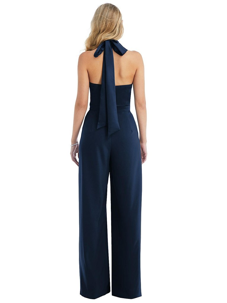 High-Neck Open-Back Jumpsuit with Scarf Tie - 6835 