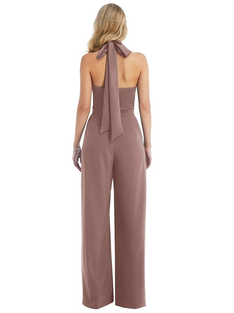 High-Neck Open-Back Jumpsuit with Scarf Tie - 6835 