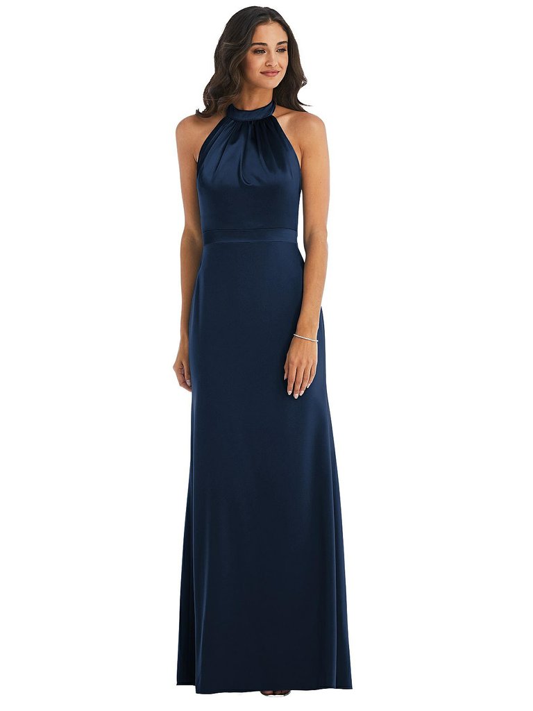 High-Neck Open-Back Maxi Dress With Scarf Tie - 6834  - Midnight Navy