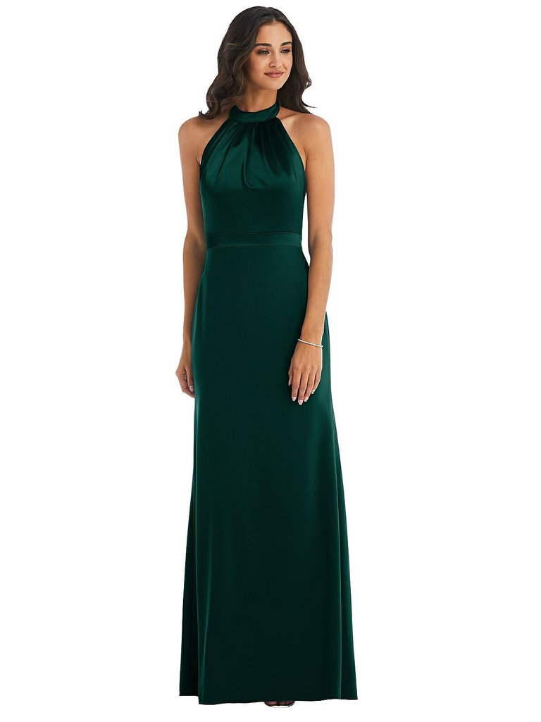 High-Neck Open-Back Maxi Dress With Scarf Tie - 6834  - Evergreen