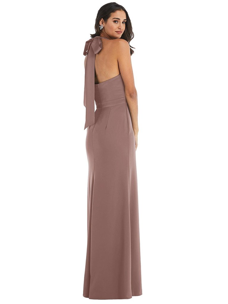 High-Neck Open-Back Maxi Dress With Scarf Tie - 6834 
