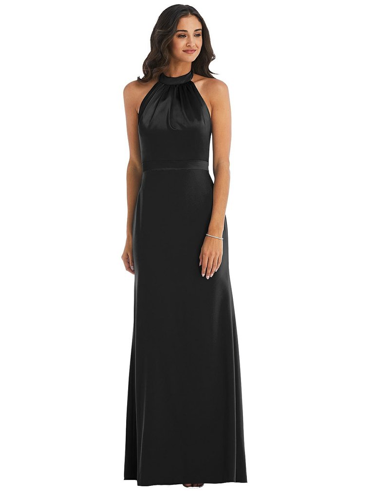 High-Neck Open-Back Maxi Dress With Scarf Tie - 6834  - Black